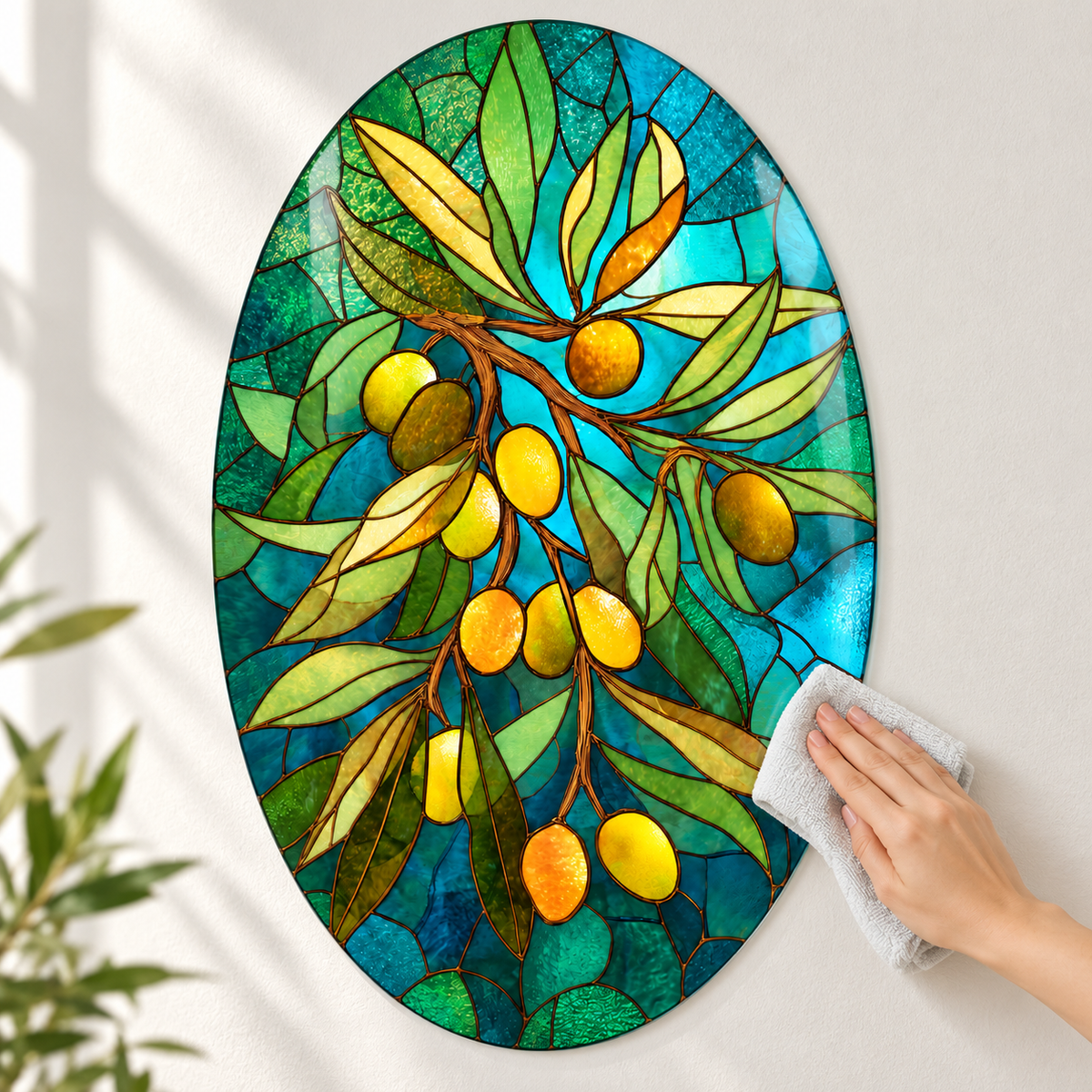 Turkuaz Vitray Zeytin Dalı Dikey Oval Cam Tablo – Görsel 9