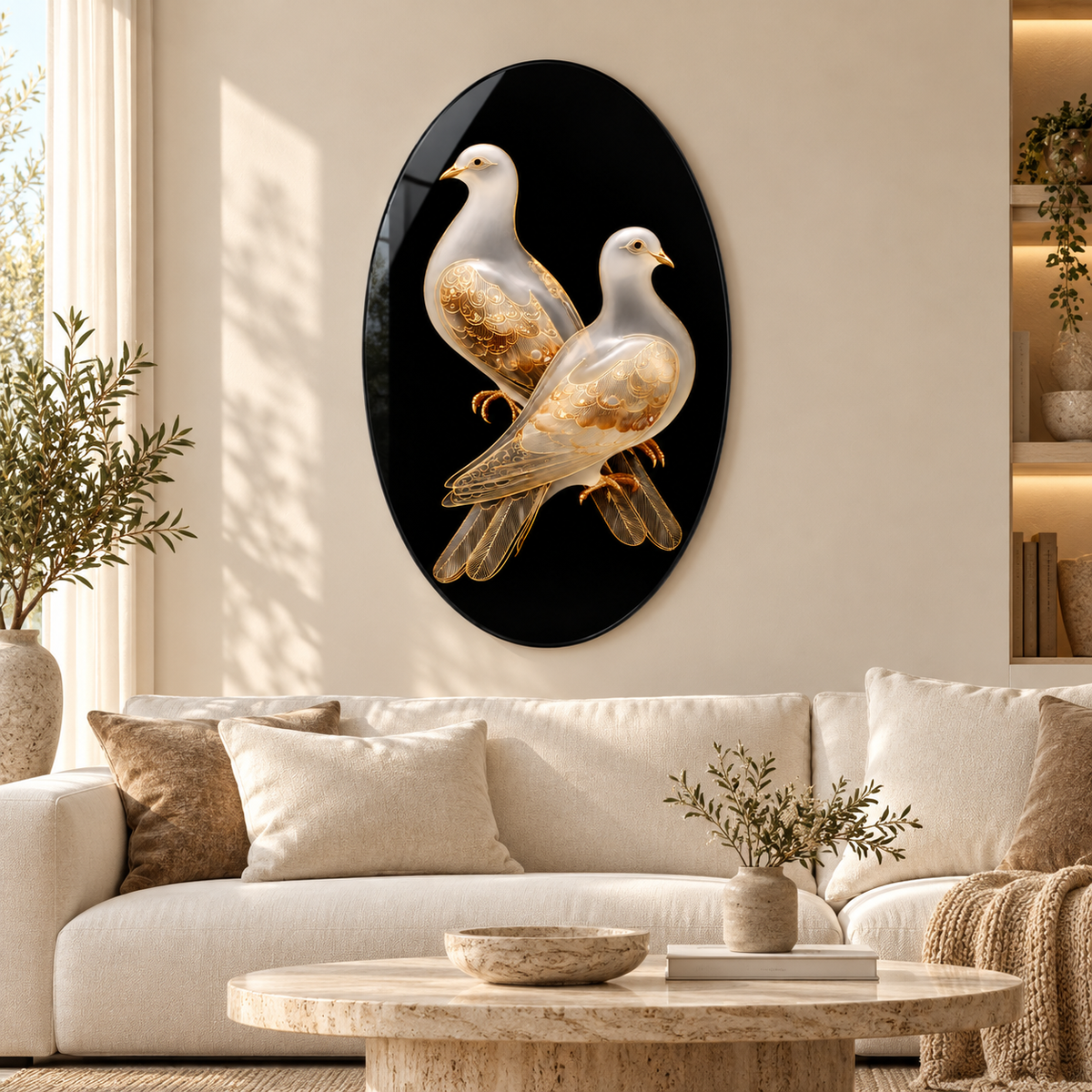 Altın İşlemeli Güvercinler Dikey Oval Cam Tablo – Görsel 2