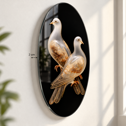 Altın İşlemeli Güvercinler Dikey Oval Cam Tablo – Görsel 6