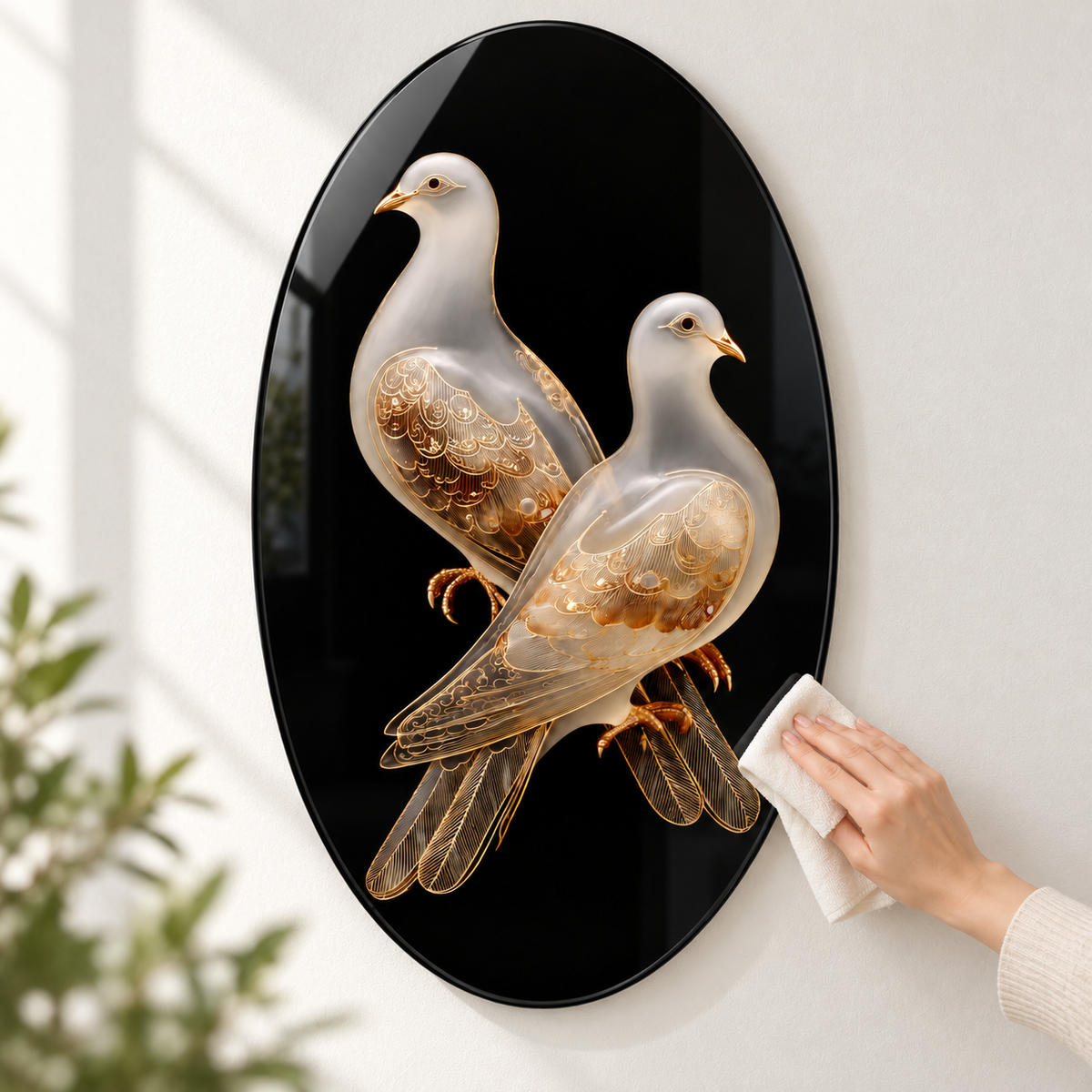 Altın İşlemeli Güvercinler Dikey Oval Cam Tablo – Görsel 9