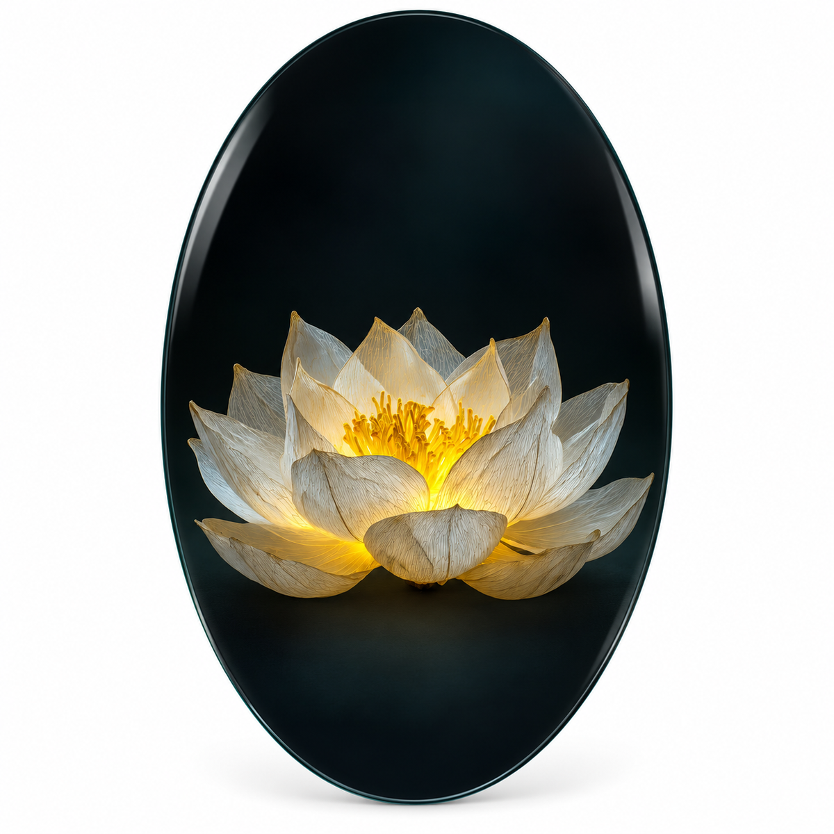 Işıklı Beyaz Lotus Dikey Oval Cam Tablo – Beyaz zemin