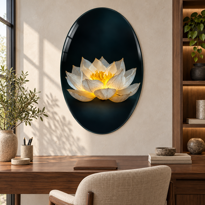 Işıklı Beyaz Lotus Dikey Oval Cam Tablo – Çalışma odası
