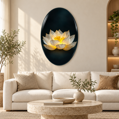 Işıklı Beyaz Lotus Dikey Oval Cam Tablo – Salon