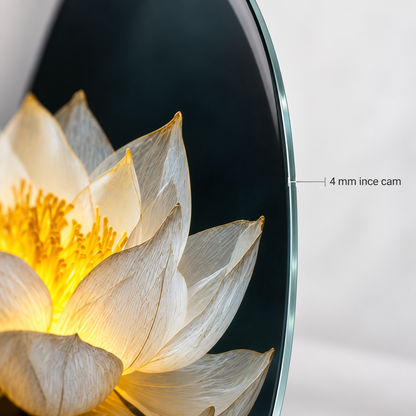 Işıklı Beyaz Lotus Dikey Oval Cam Tablo – 4 mm cam kenarı