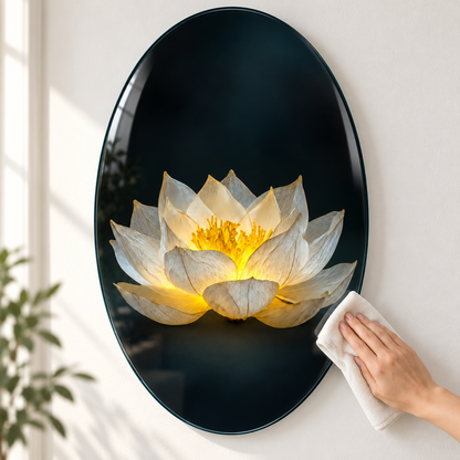 Işıklı Beyaz Lotus Dikey Oval Cam Tablo – Kolay temizlik