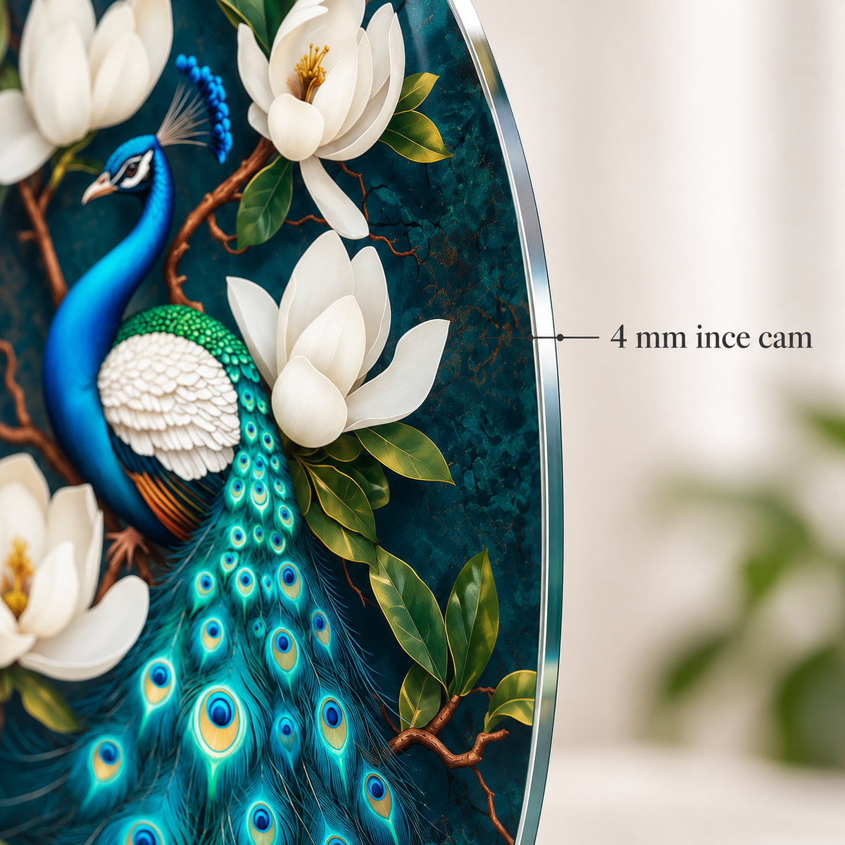 Beyaz Manolyalı Tavus Kuşu Dikey Oval Cam Tablo – Görsel 4