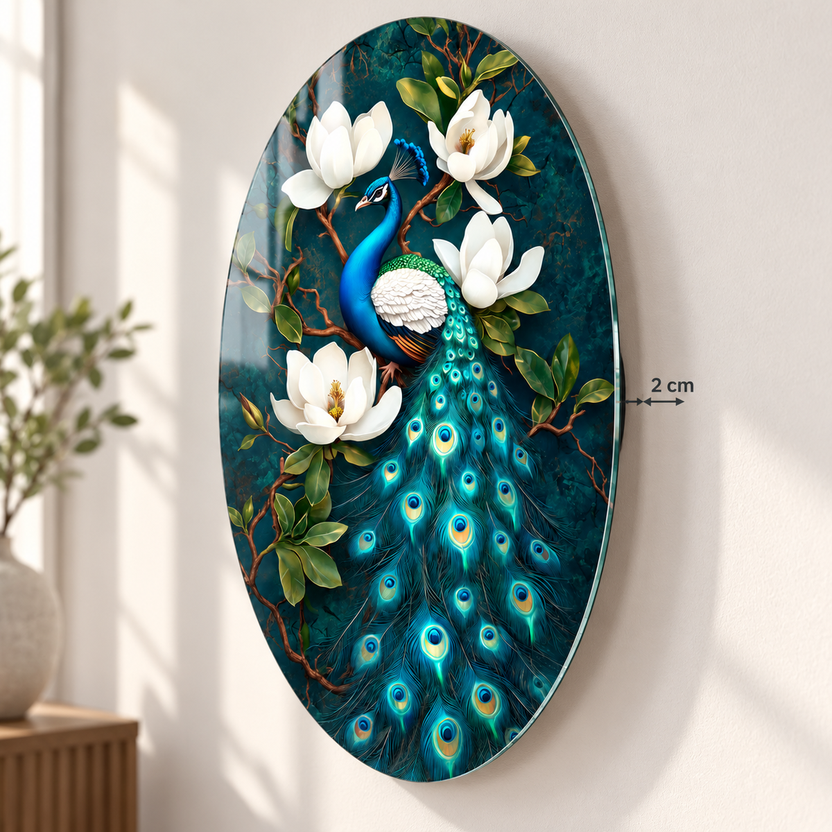 Beyaz Manolyalı Tavus Kuşu Dikey Oval Cam Tablo – Görsel 6