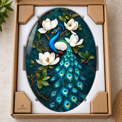 Beyaz Manolyalı Tavus Kuşu Dikey Oval Cam Tablo – Görsel 8