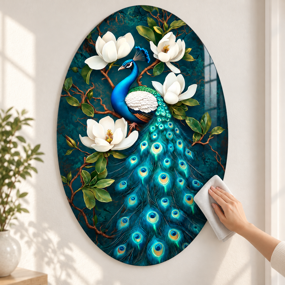 Beyaz Manolyalı Tavus Kuşu Dikey Oval Cam Tablo – Görsel 9