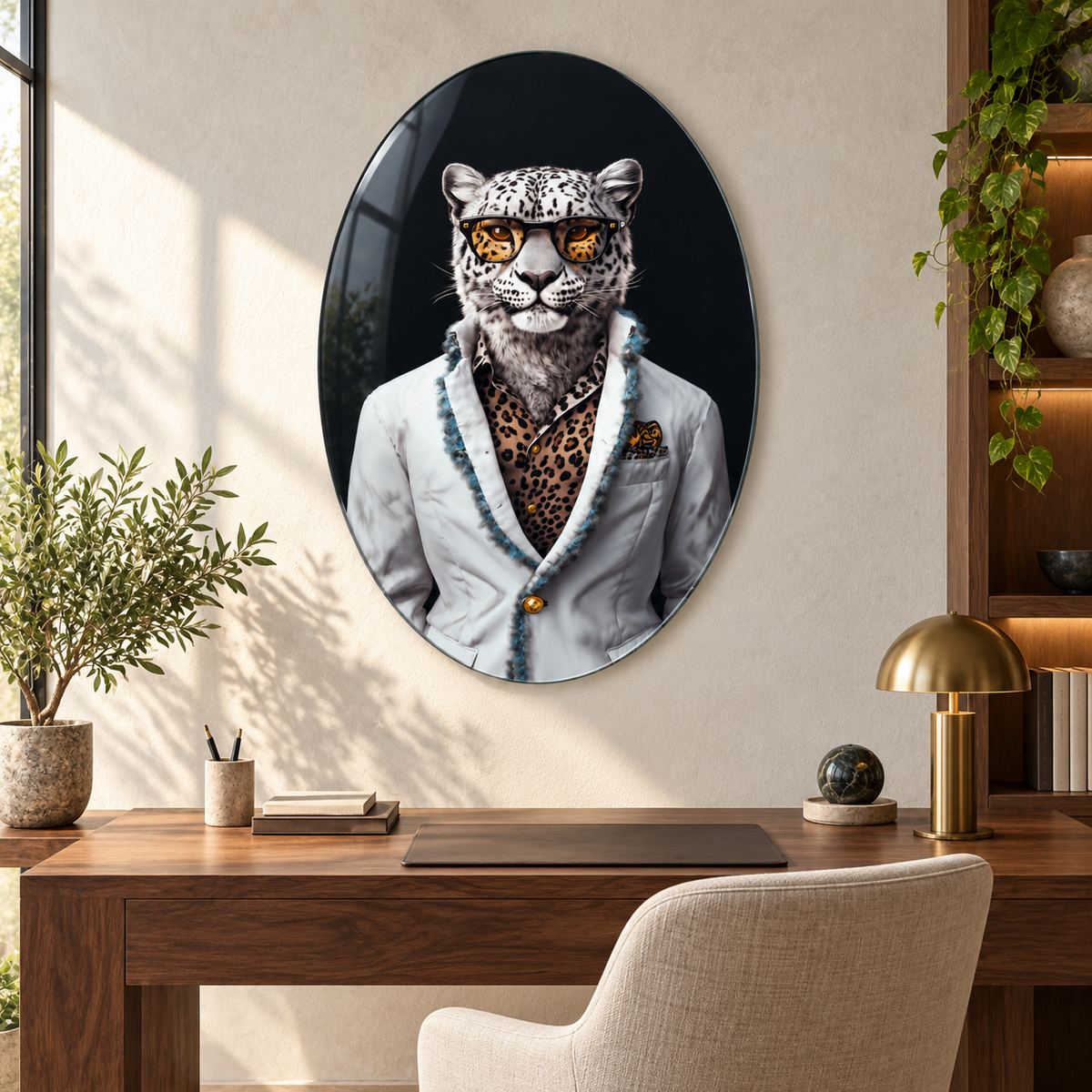 Gözlüklü Kar Leoparı Dikey Oval Cam Tablo – Görsel 10