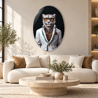 Gözlüklü Kar Leoparı Dikey Oval Cam Tablo – Görsel 2