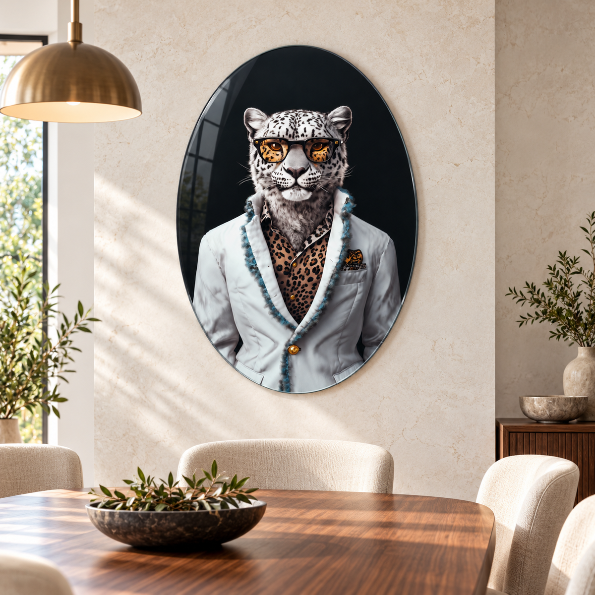 Gözlüklü Kar Leoparı Dikey Oval Cam Tablo – Görsel 3