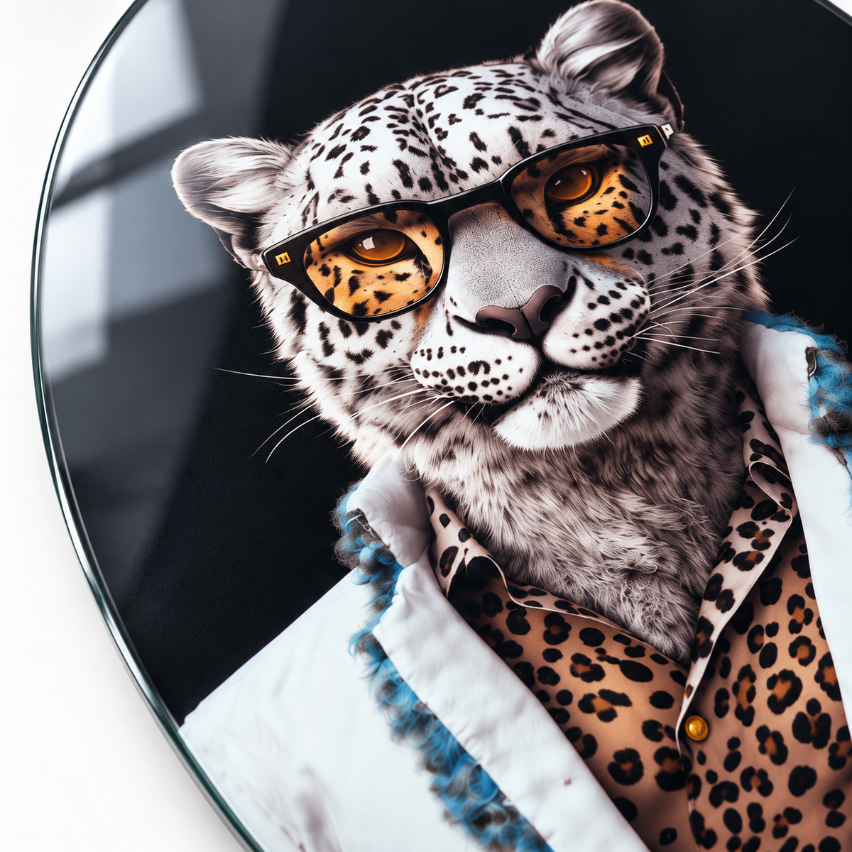 Gözlüklü Kar Leoparı Dikey Oval Cam Tablo – Görsel 5