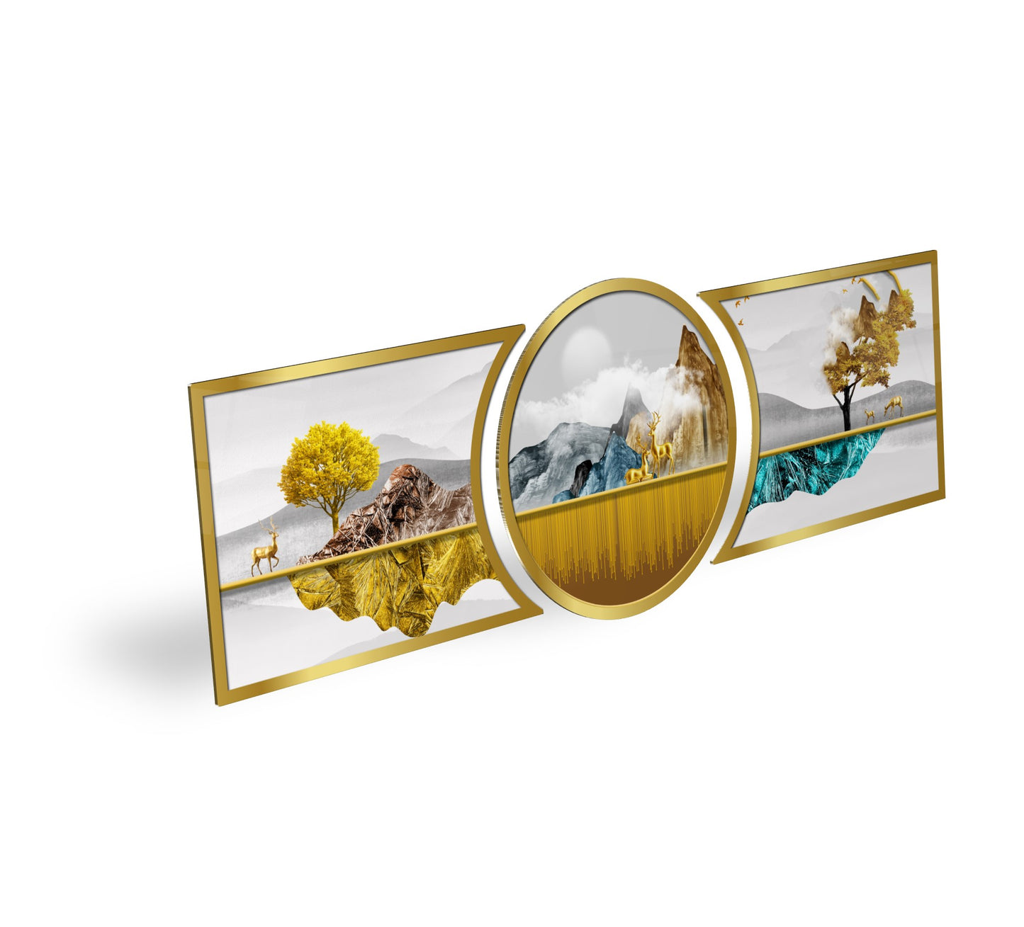 Gold Dağlar ve Mistik Doğa Serisi Özel Kesim Şekilli Kırılmaz Temperli Cam Tablo Seti
