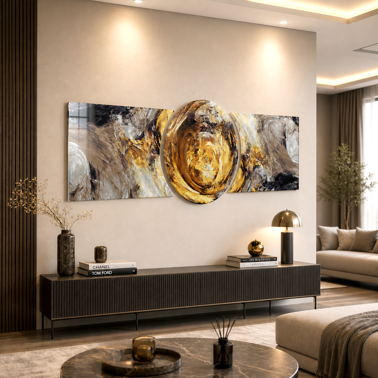 Soyut Gold Girdap Özel Kesim Şekilli Kırılmaz Temperli Cam Tablo Seti