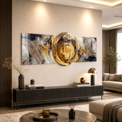Soyut Gold Girdap Özel Kesim Şekilli Kırılmaz Temperli Cam Tablo Seti