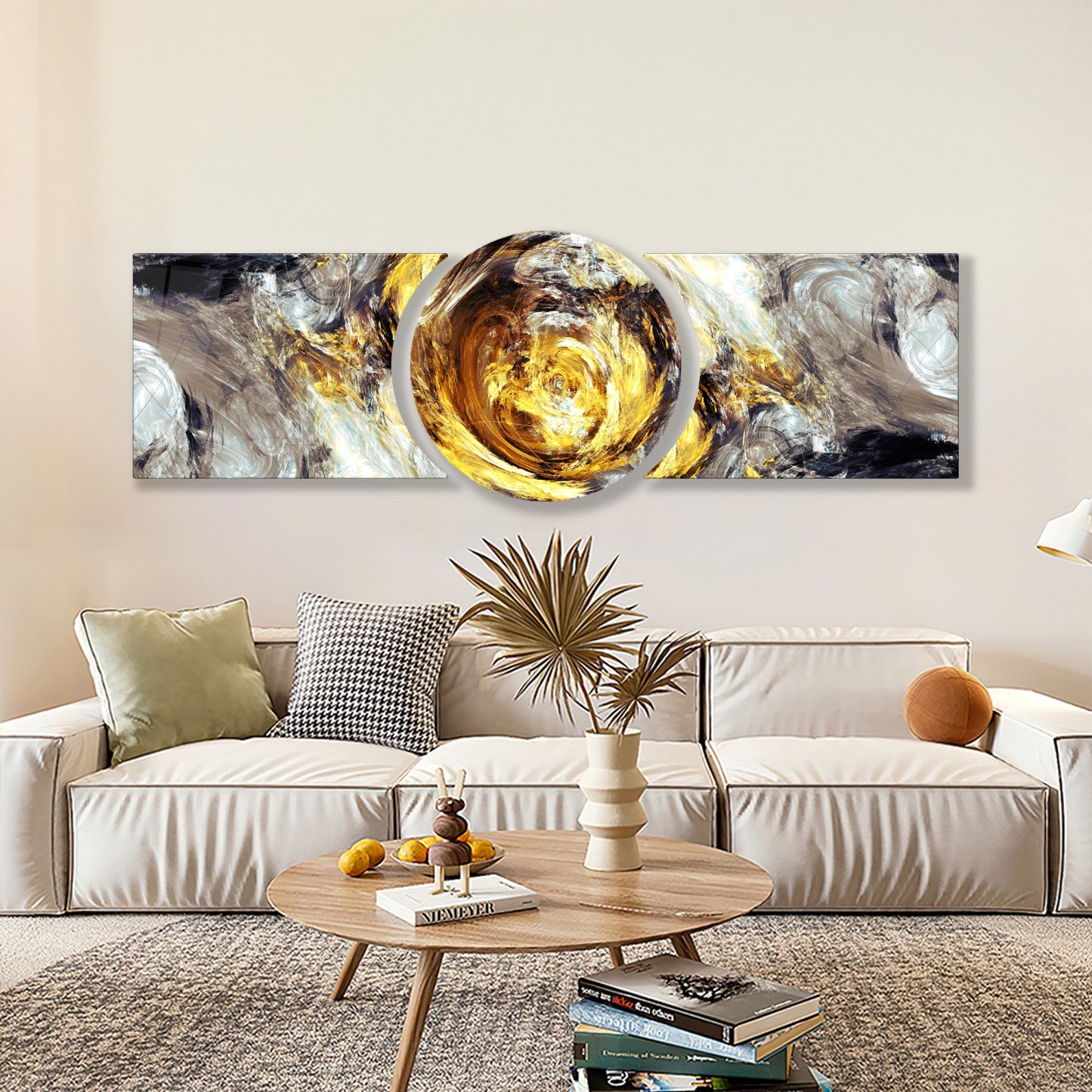 Soyut Gold Girdap Özel Kesim Şekilli Kırılmaz Temperli Cam Tablo Seti
