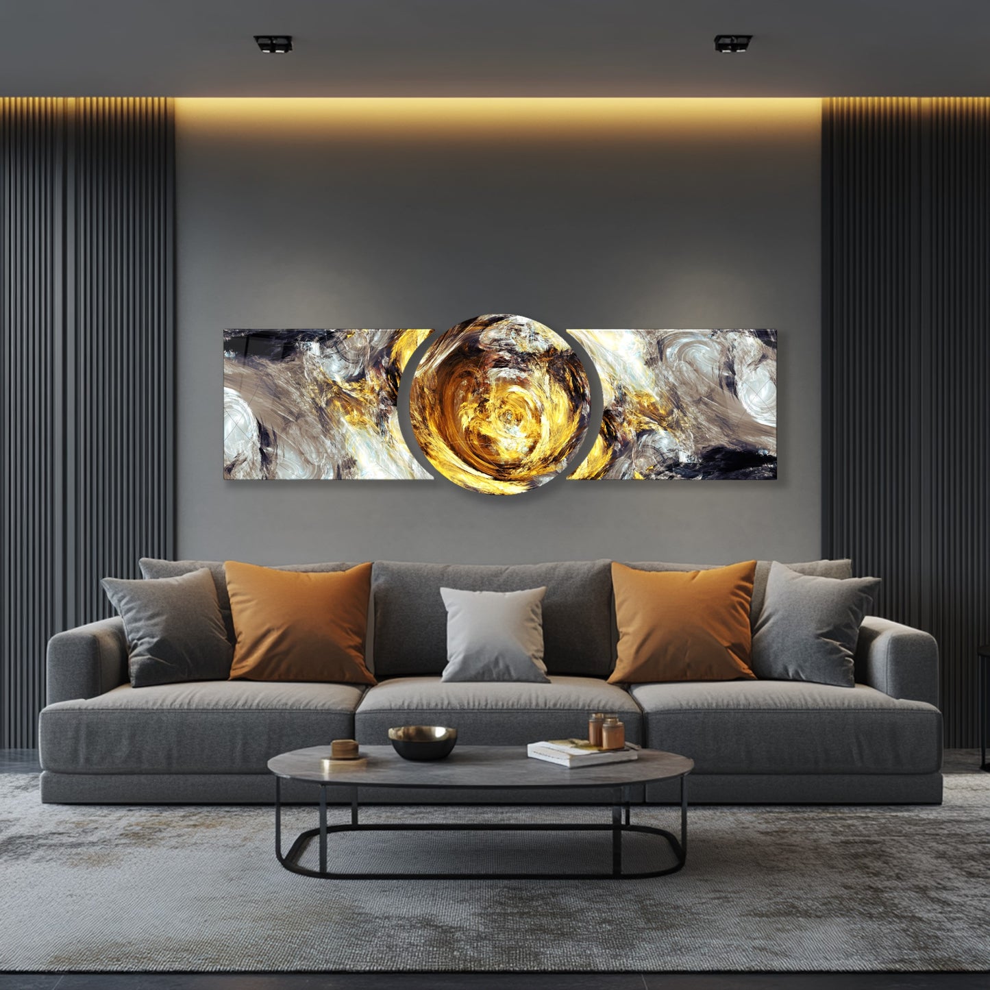 Soyut Gold Girdap Özel Kesim Şekilli Kırılmaz Temperli Cam Tablo Seti