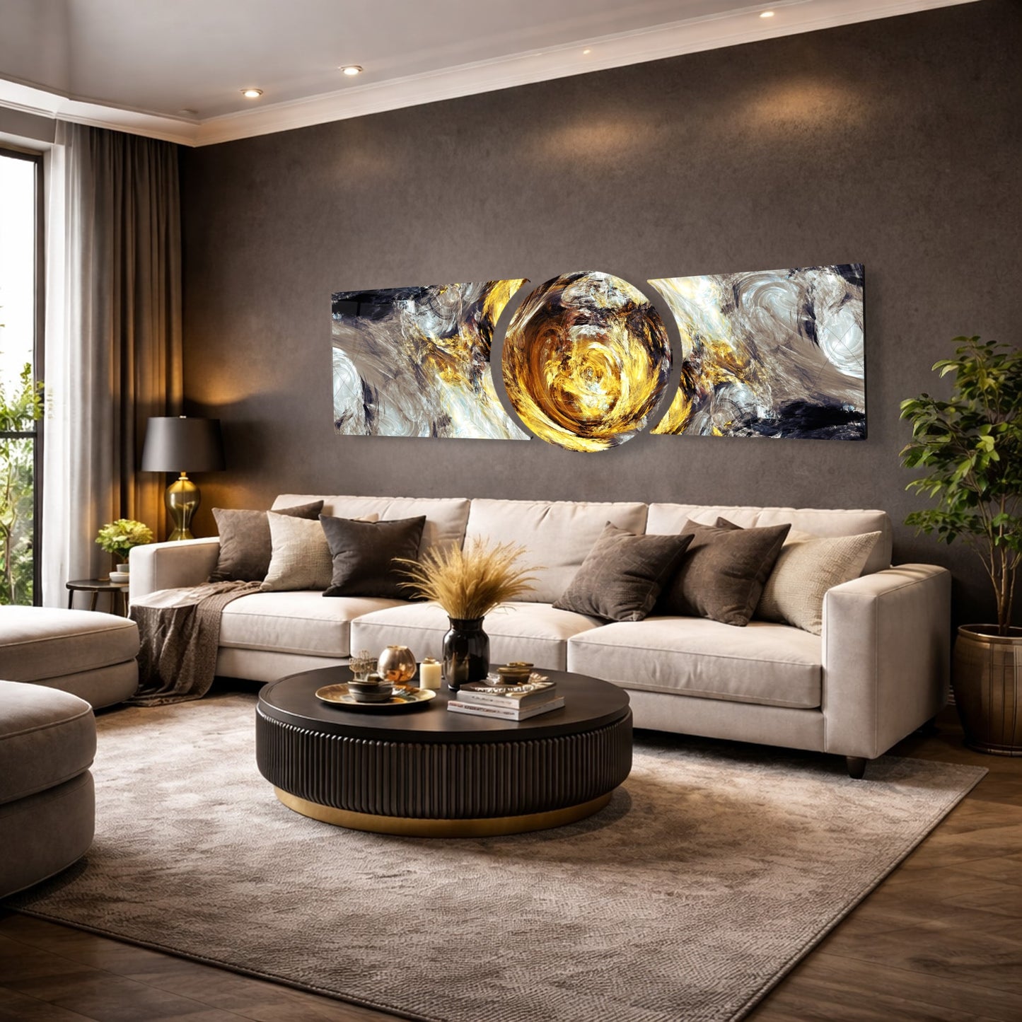 Soyut Gold Girdap Özel Kesim Şekilli Kırılmaz Temperli Cam Tablo Seti