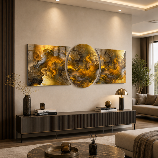Soyut Gold Bulutlar Özel Kesim Şekilli Kırılmaz Temperli Cam Tablo Seti