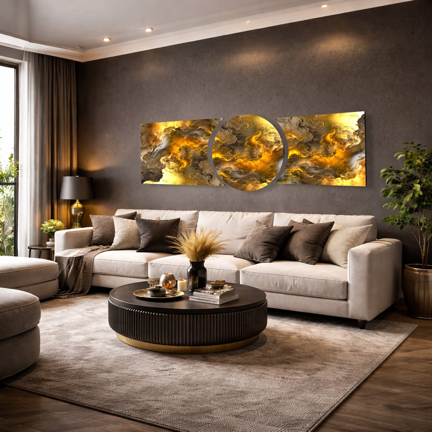Soyut Gold Bulutlar Özel Kesim Şekilli Kırılmaz Temperli Cam Tablo Seti