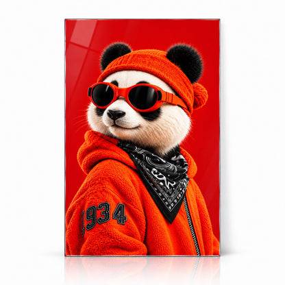 Kırmızı Bereli Gözlüklü Panda Dikey Cam Tablo - Beyaz vitrin