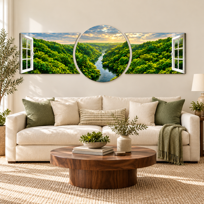 Pencereden Orman ve Nehir Manzaralı Şekilli Kesim Cam Tablo — Salon