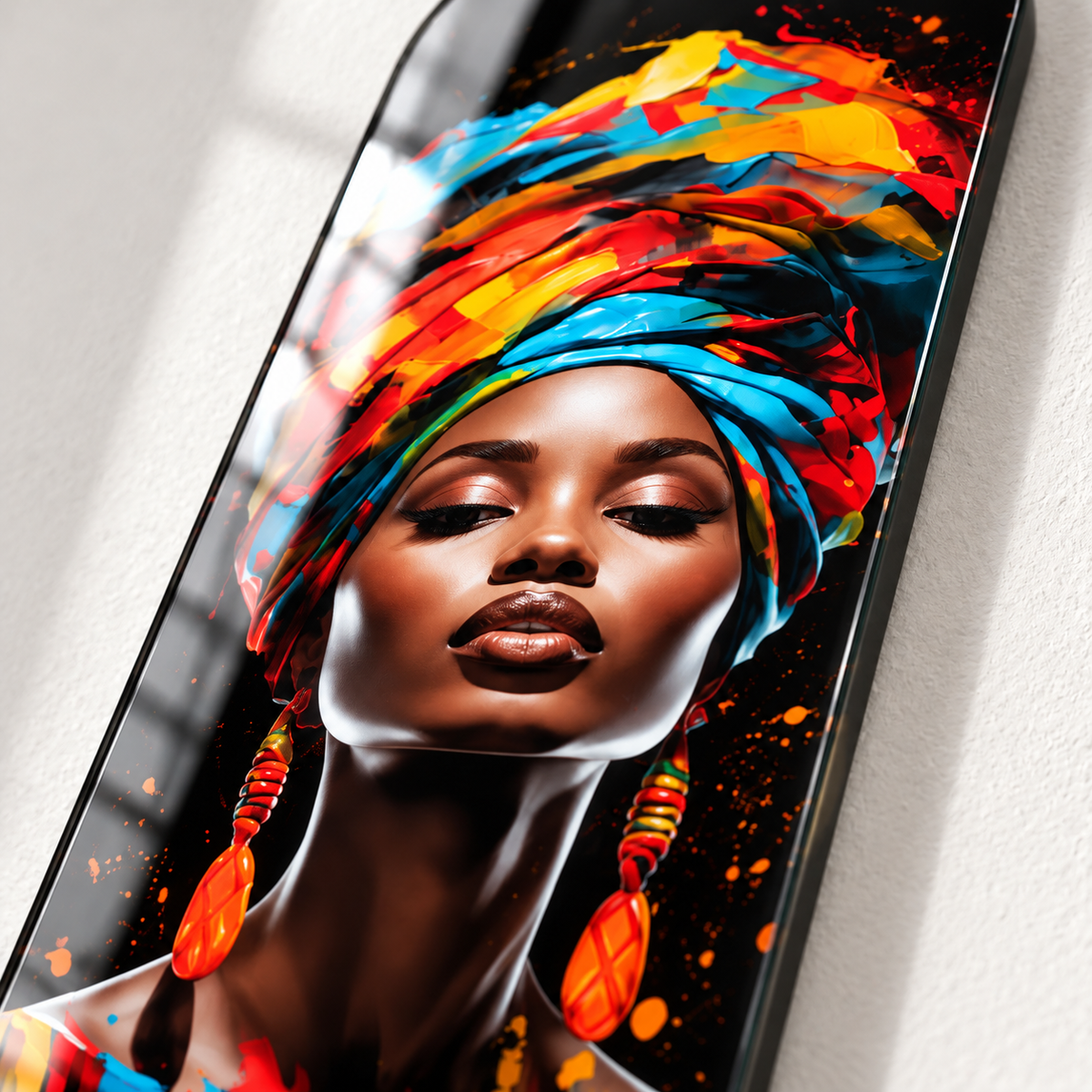 Renkli Başörtülü Kadın Dikey Skate Board Cam Tablo – UV baskı detayı