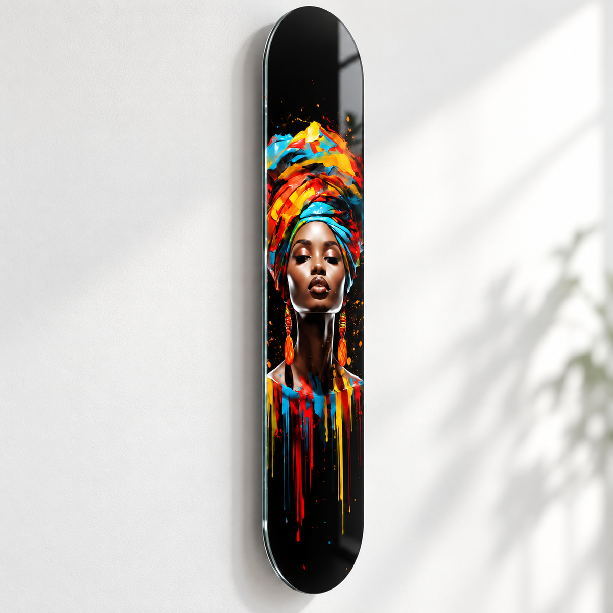 Renkli Başörtülü Kadın Dikey Skate Board Cam Tablo – Duvar mesafesi