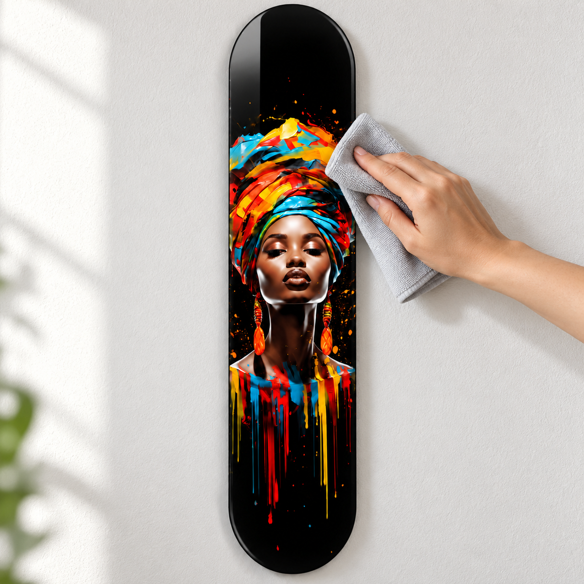 Renkli Başörtülü Kadın Dikey Skate Board Cam Tablo – Mikrofiber bezle bakım