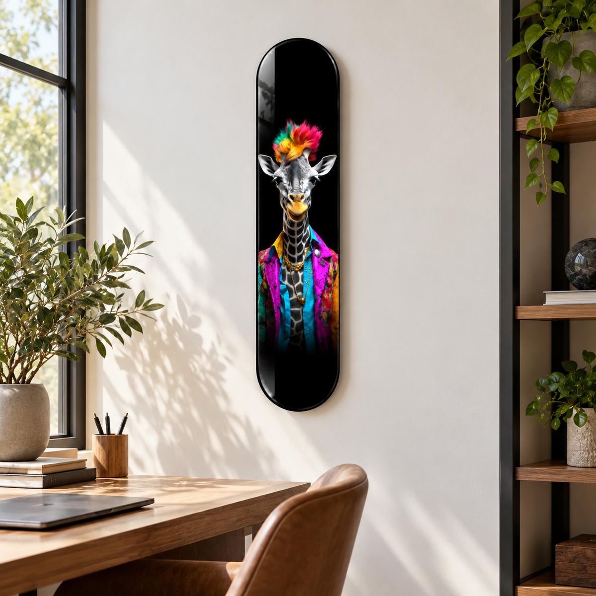 Renkli Ceketli Zürafa Dikey Skate Board Cam Tablo – Çalışma odasında görünüm