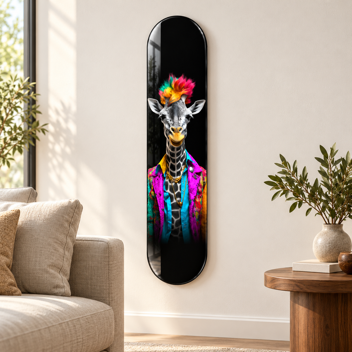 Renkli Ceketli Zürafa Dikey Skate Board Cam Tablo – Salonda görünüm