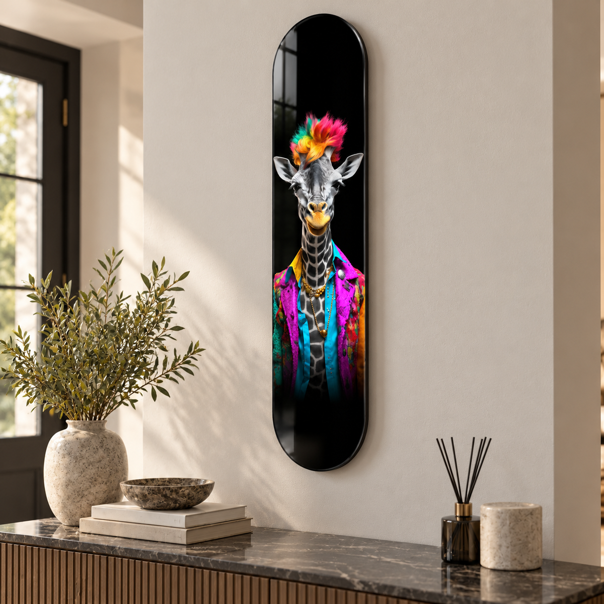 Renkli Ceketli Zürafa Dikey Skate Board Cam Tablo – Antrede görünüm