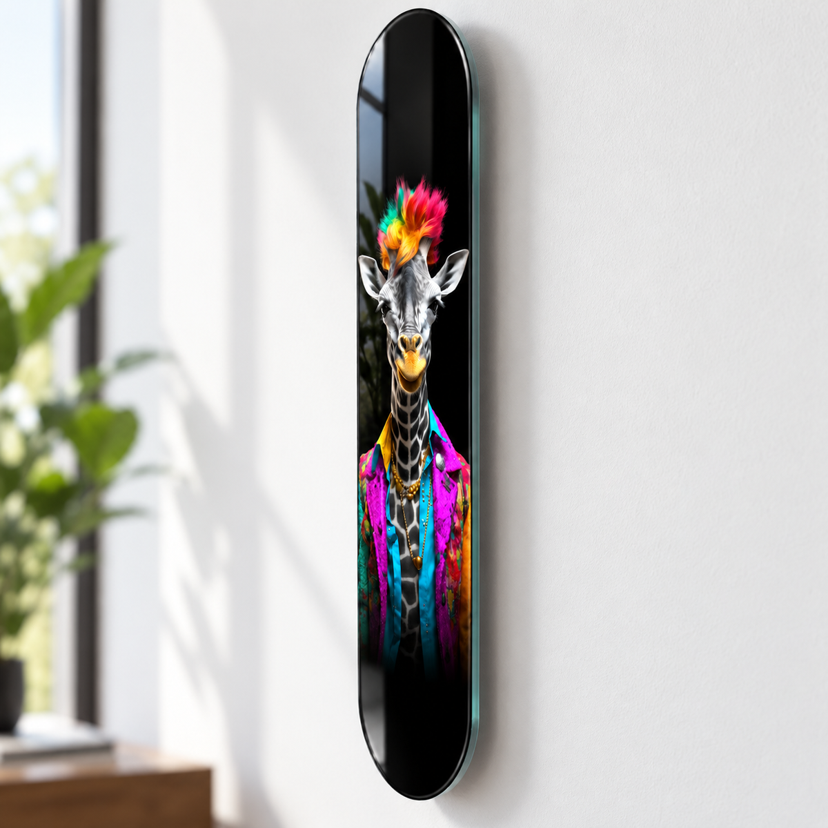 Renkli Ceketli Zürafa Dikey Skate Board Cam Tablo – Duvar mesafesi