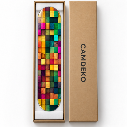 Renkli Ahşap Mozaik Dikey Skate Board Cam Tablo – CAMDEKO ambalajı