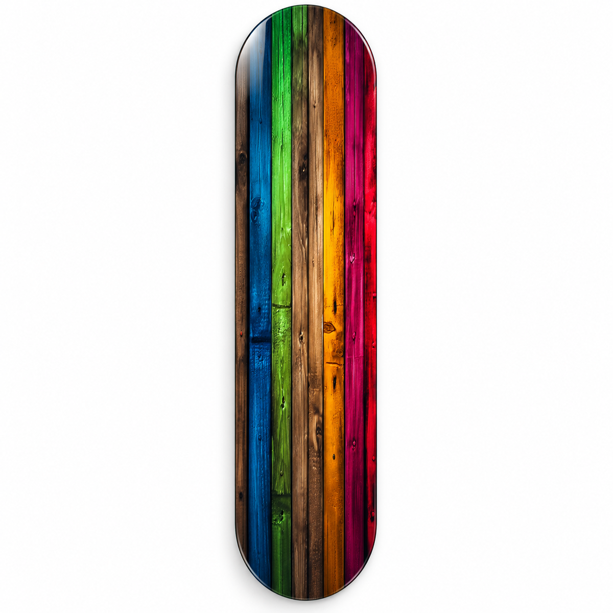 Renkli Ahşap Şeritler Dikey Skate Board Cam Tablo – Beyaz fonda ön görünüm