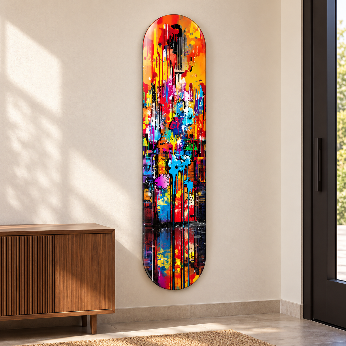 Renkli Grafiti Dikey Skate Board Cam Tablo – Antrede görünüm