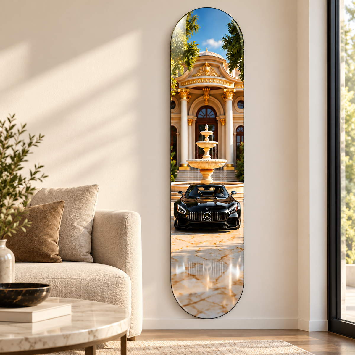 Saray Önünde Siyah Spor Otomobil Dikey Skate Board Cam Tablo – Salon