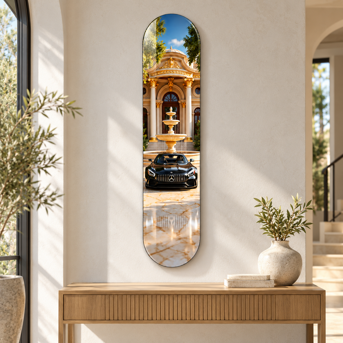 Saray Önünde Siyah Spor Otomobil Dikey Skate Board Cam Tablo – Konsol