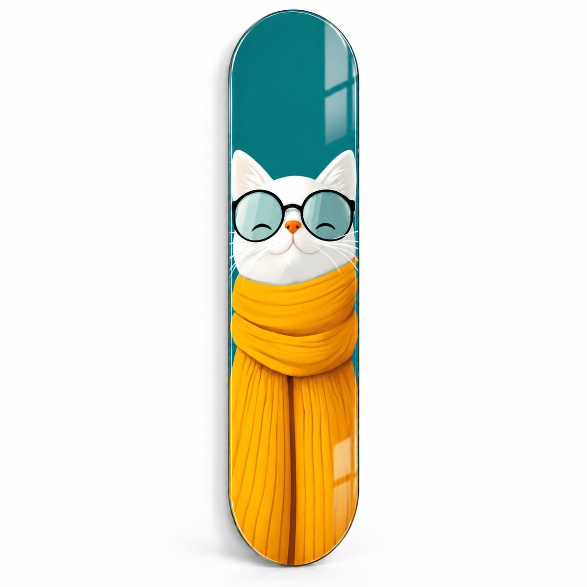 Turkuaz zeminde sarı atkılı gözlüklü beyaz kedi dikey skateboard cam tablo - beyaz fonda ana ürün