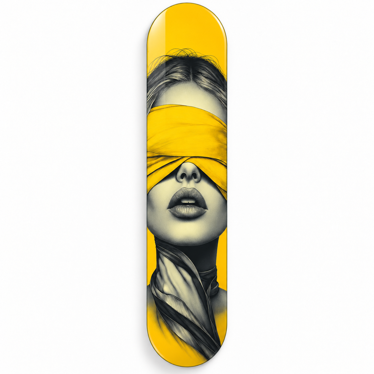 Sarı Bantlı Kadın Portresi Dikey Skate Board Cam Tablo – Beyaz fonda ön görünüm