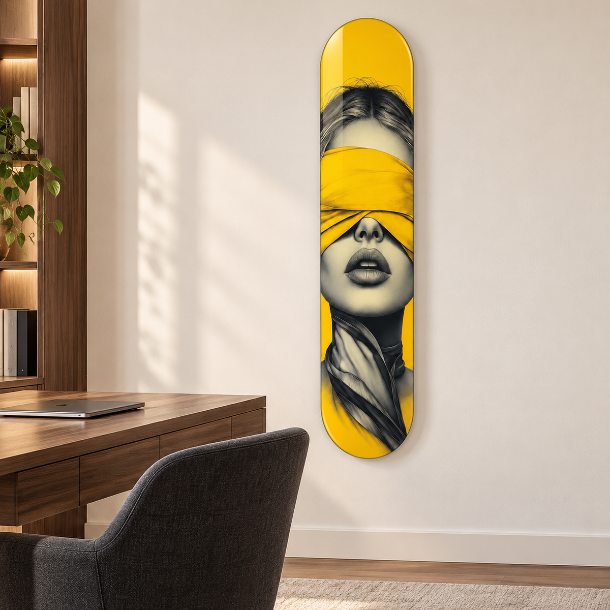 Sarı Bantlı Kadın Portresi Dikey Skate Board Cam Tablo – Çalışma odasında görünüm