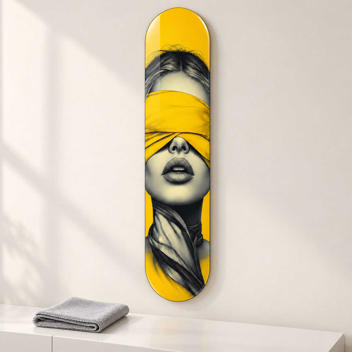 Sarı Bantlı Kadın Portresi Dikey Skate Board Cam Tablo – Mikrofiber bezle bakım
