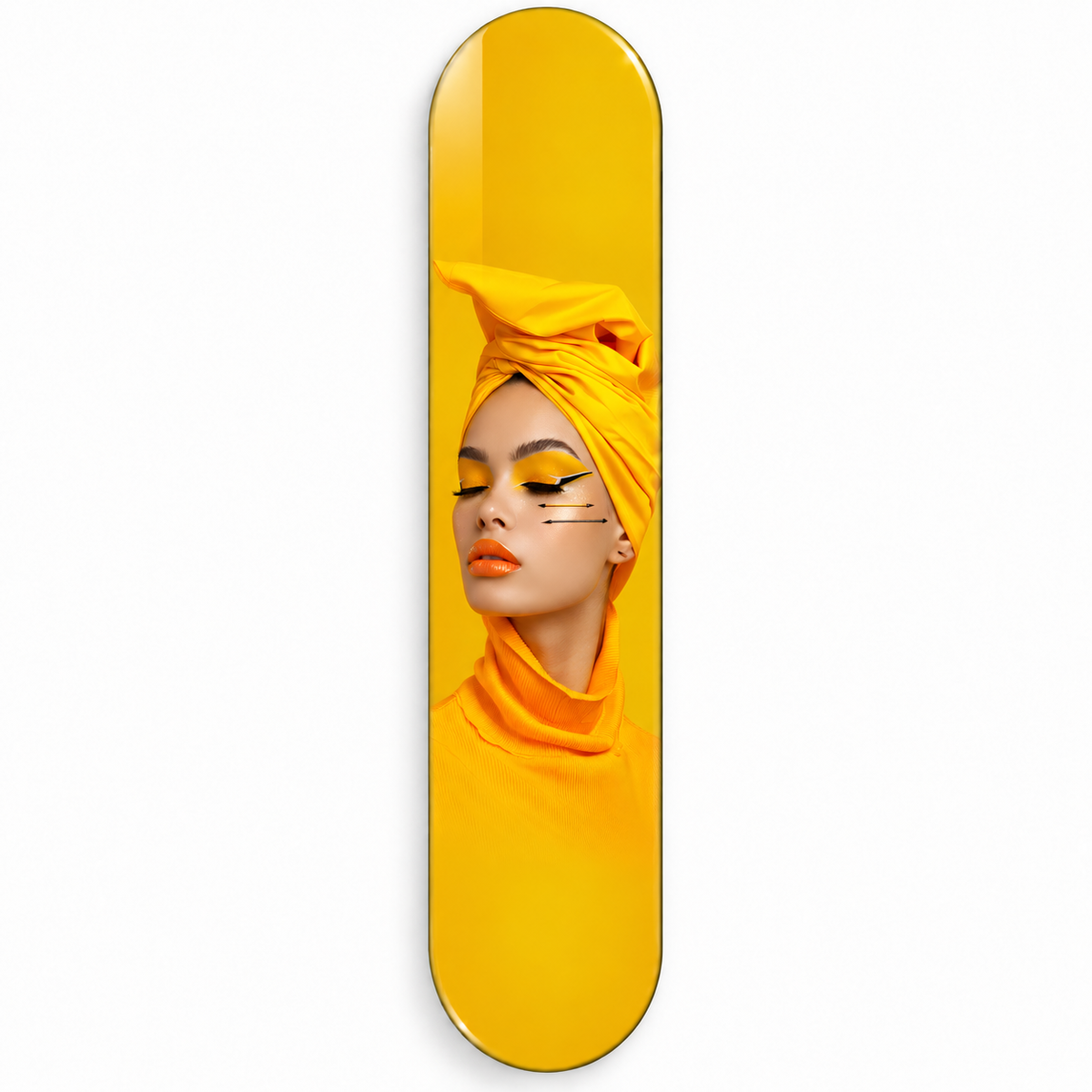 Sarı Başörtülü Kadın Dikey Skate Board Cam Tablo – Beyaz fonda ön görünüm