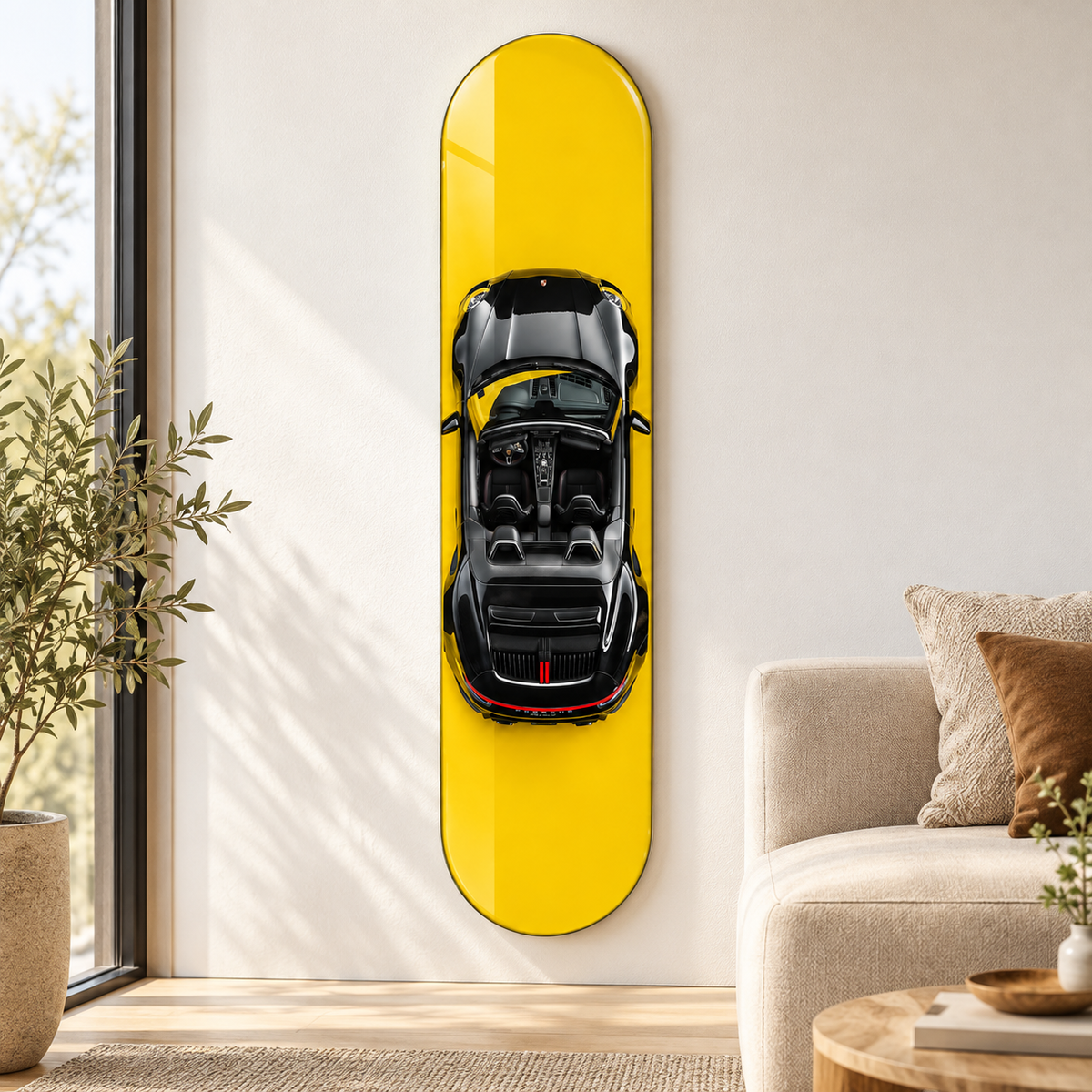 Sarı Zeminde Siyah Spor Cabrio Dikey Skate Board Cam Tablo – Salon
