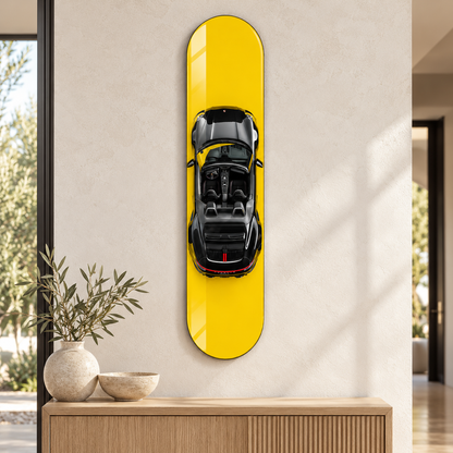 Sarı Zeminde Siyah Spor Cabrio Dikey Skate Board Cam Tablo – Konsol