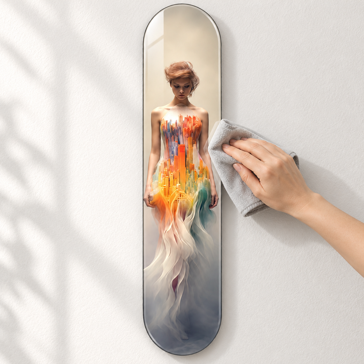 Şehir Silüetli Elbise Dikey Skate Board Cam Tablo – Mikrofiber bezle bakım