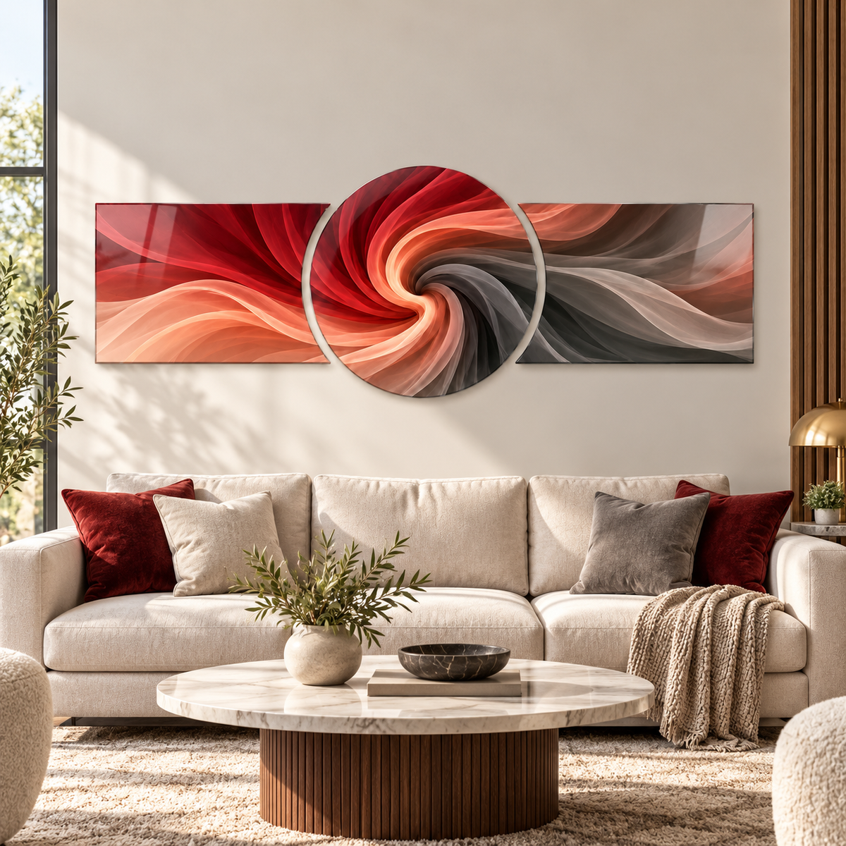 Bordo ve Mercan Sarmal Şekilli Kesim Cam Tablo — Salon