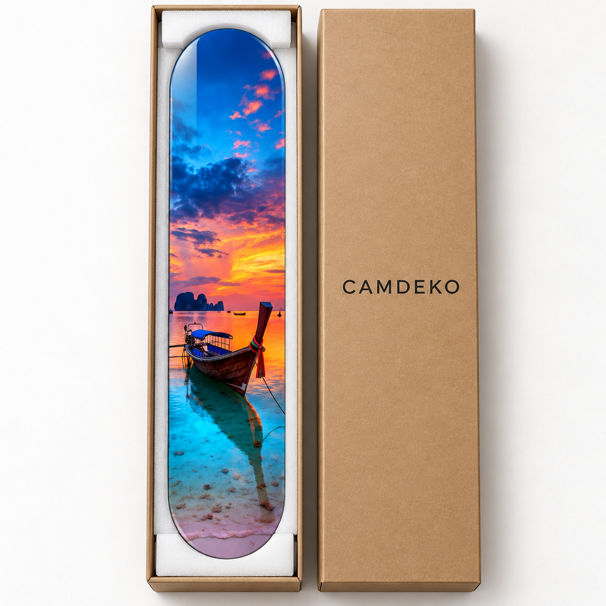 Gün Doğumunda Tayland Kayığı Dikey Skate Board Cam Tablo – CAMDEKO ambalajı