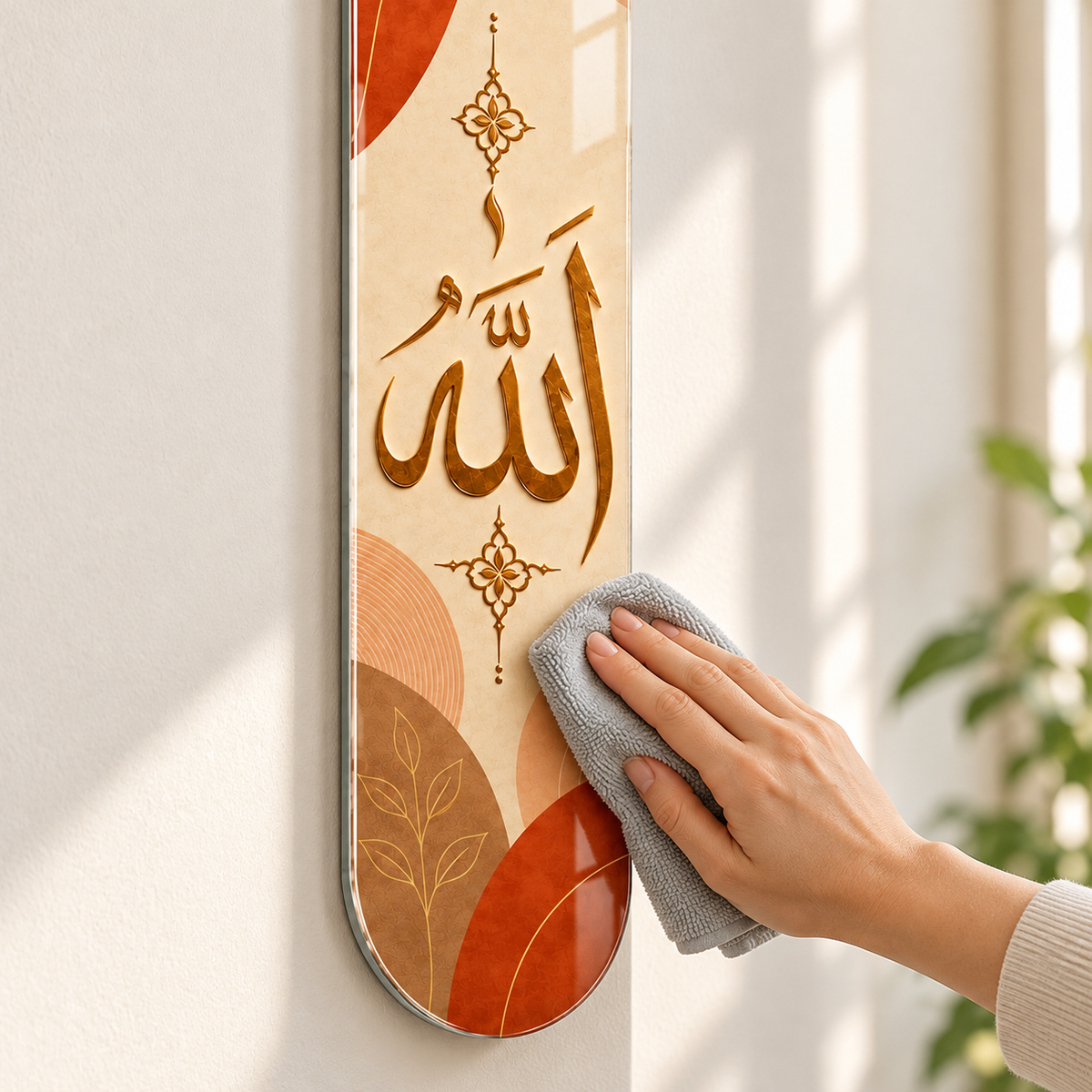 Terrakota ve krem zeminde altın Allah lafzı dikey skateboard cam tablo - mikrofiber bezle temizlik